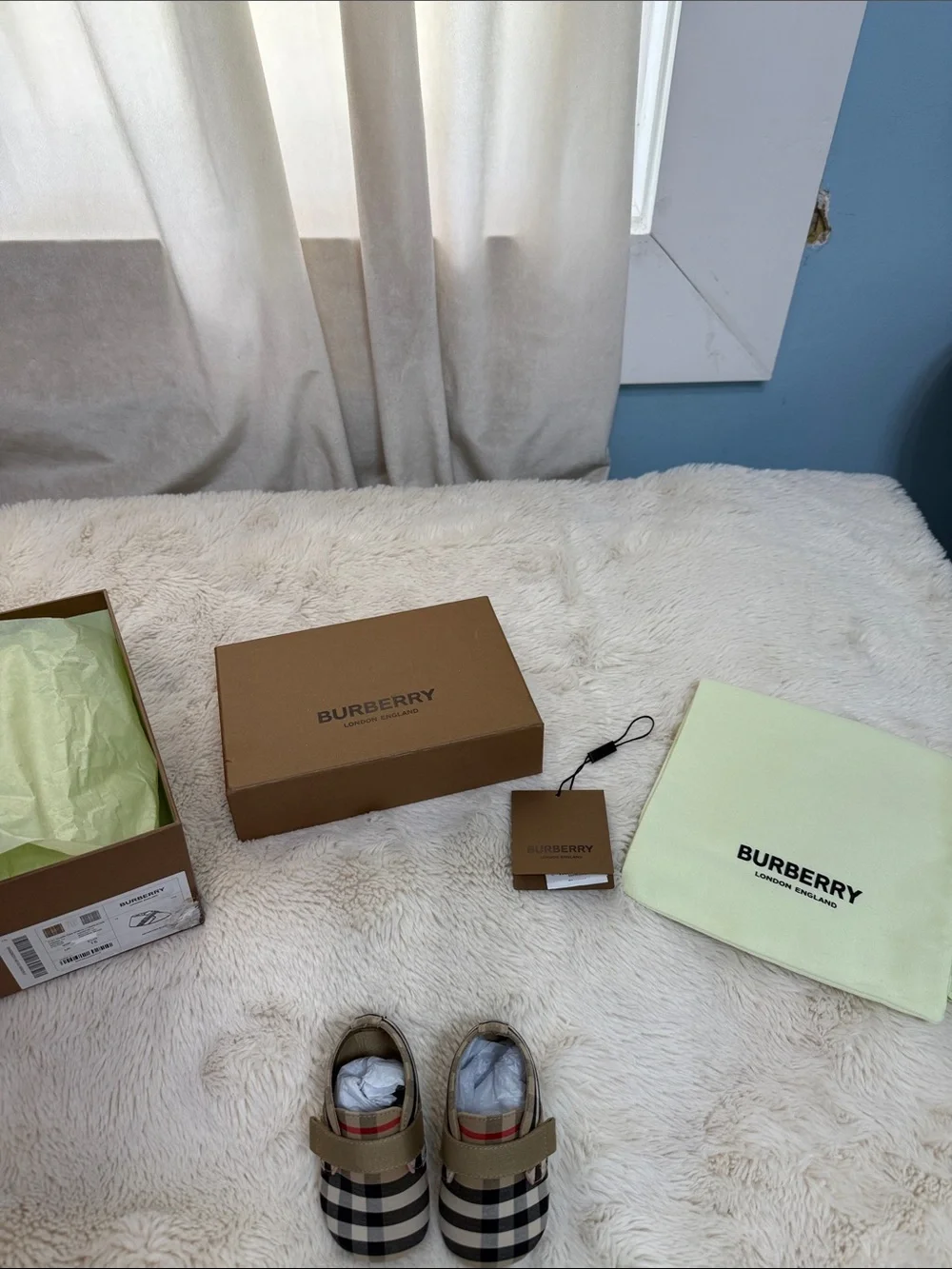 Burberry Beige Black Check Baby Walker Shoes with Tan Strap